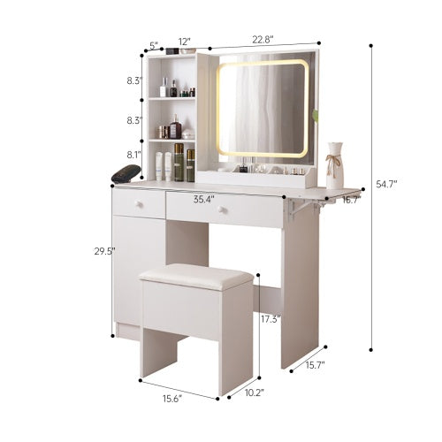 Luxe Divine Collection ~ Vanity Desk With Lighted Mirror & Power Outlet, Makeup Vanity Desk With Drawers And Large Storage Cabinet For Bedroom, 3 Lighting Modes Adjustable Brightness, Storage Stool, White
