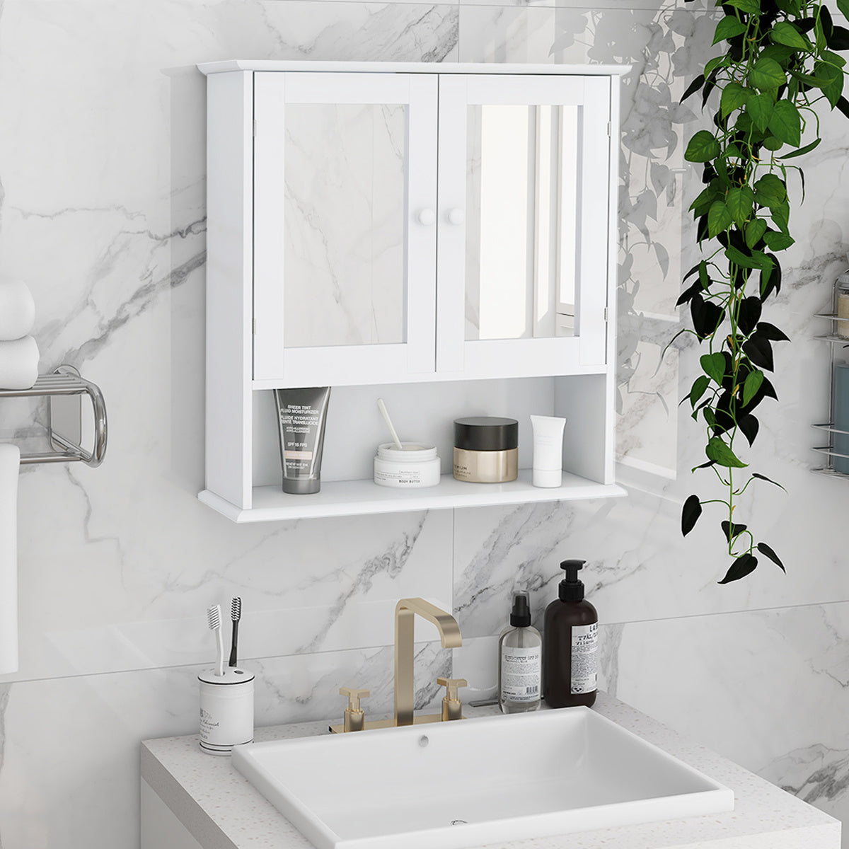 Luxe Divine Collection ~ Bathroom Wall Cabinet With Double Mirror Doors And Shelves