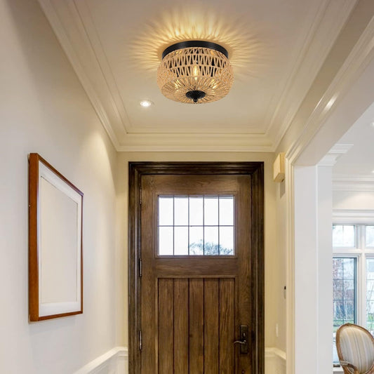 Luxe Divine Collection ~ 3 Lamp Woven Rattan Recessed Chandelier With Handmade Cage Lampshade