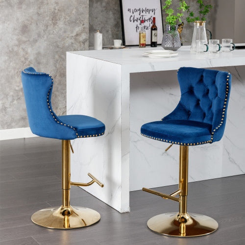 Luxe Divine Collection ~ Golden Swivel Velvet Barstools Adjustable Seat Height From 25-33 Inch Blue, Nailhead Trim, Set Of 2