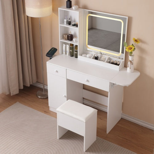 Luxe Divine Collection ~ Vanity Desk With Lighted Mirror & Power Outlet, Makeup Vanity Desk With Drawers And Large Storage Cabinet For Bedroom, 3 Lighting Modes Adjustable Brightness, Storage Stool, White