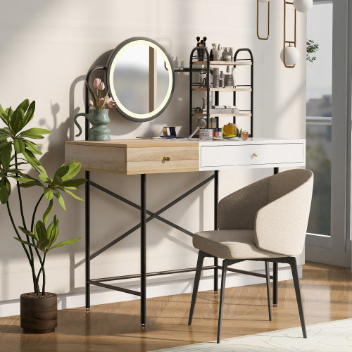 Luxe Divine Collection ~ Makeup Vanity Desk With 3-Mode Lighted Mirror & Wireless Charging Station , Vanity Table With Drawer & 3 Open Shelves For Ample Storage Space