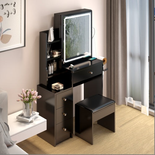Luxe Divine Collection ~ Black Small Space Left Bedside Cabinet Vanity Table Cushioned Stool, Power Station, Hair Dryer Bracket