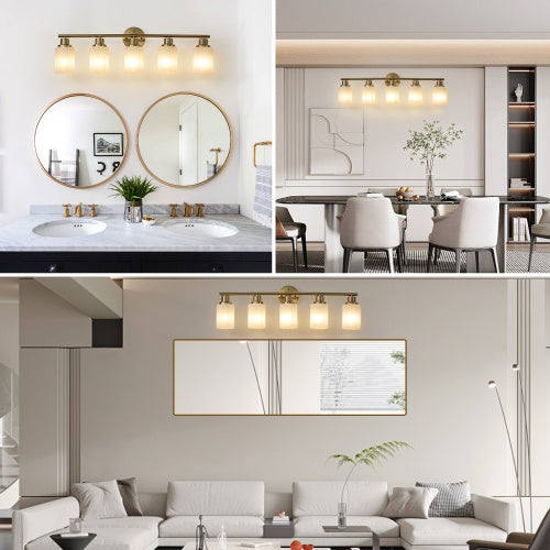 Luxe Divine Collection ~ 5 Lamps Gold Bathroom Vanity Lamp, Frosted Glass Shade, Modern Wall Mounted Lighting Chandelier