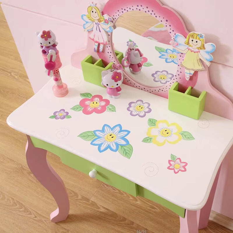 Luxe Divine Collection ~ Princess Vanity Make Up Table Wooden Dressing Table With Mirror And Stool For Kids