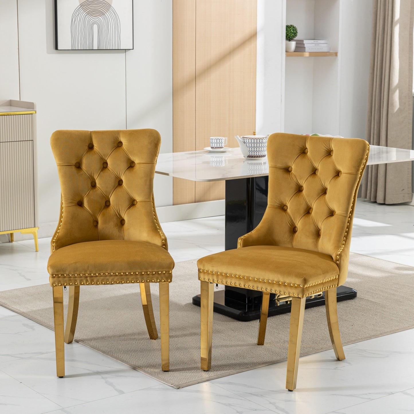 Luxe Divine Collection ~ High-end Tufted Solid Wood Contemporary Velvet Upholstered Dining Chair With Golden Stainless Steel Plating Legs,Nailhead Trim,Set Of 2