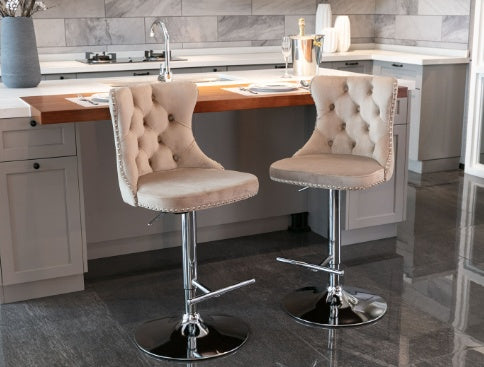 Luxe Divine Collection ~ Rotating Velvet Bar Stool Beige, Silver Nailhead Trim, Set of 2