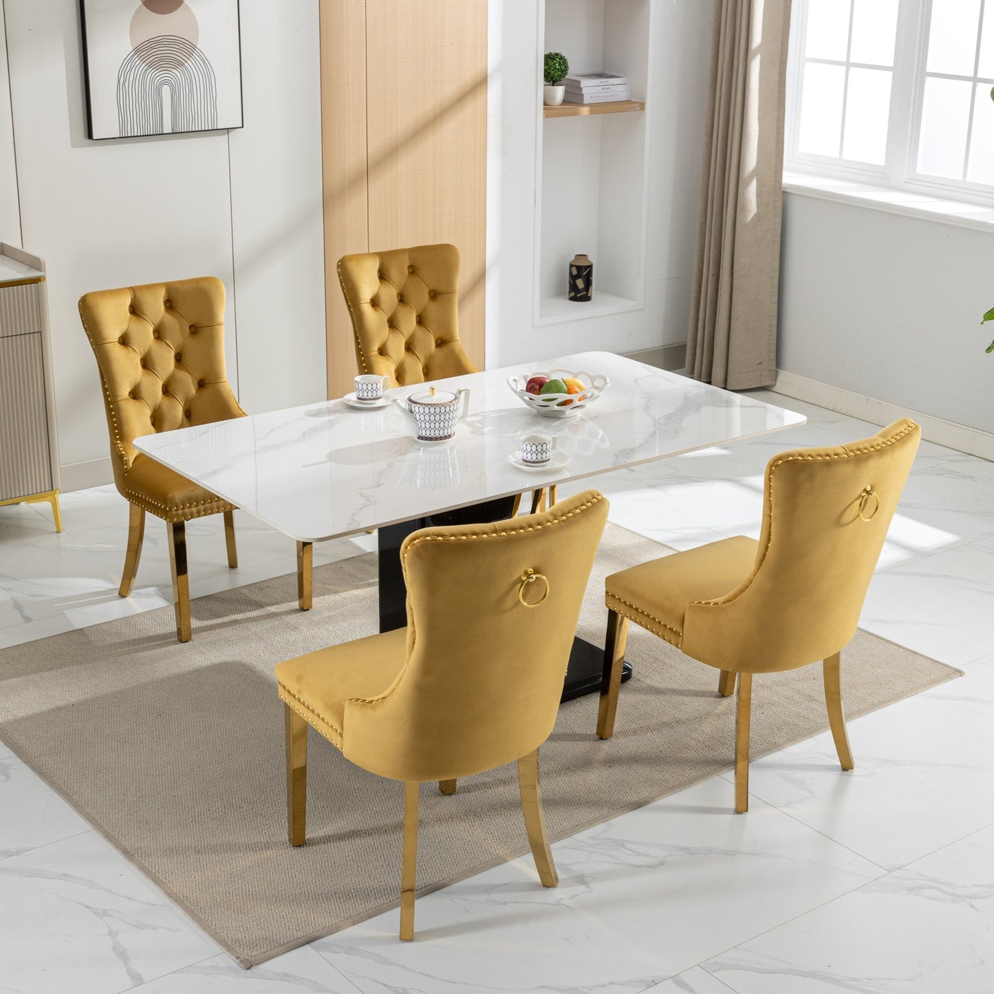 Luxe Divine Collection ~ High-end Tufted Solid Wood Contemporary Velvet Upholstered Dining Chair With Golden Stainless Steel Plating Legs,Nailhead Trim,Set Of 2