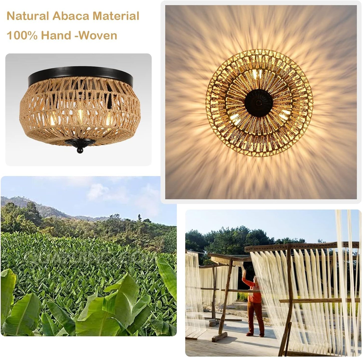 Luxe Divine Collection ~ 3 Lamp Woven Rattan Recessed Chandelier With Handmade Cage Lampshade