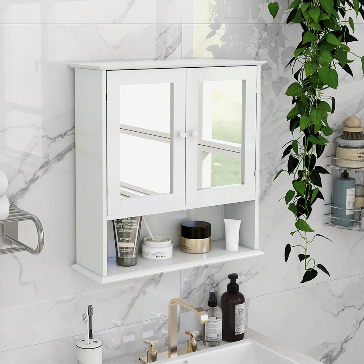 Luxe Divine Collection ~ Bathroom Wall Cabinet With Double Mirror Doors And Shelves