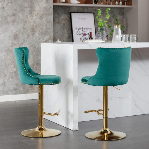 Luxe Divine Collection ~ Golden Swivel Velvet Barstools Adjustable Seat Height From 25-33 Inch Green, Nailhead Trim, Set Of 2