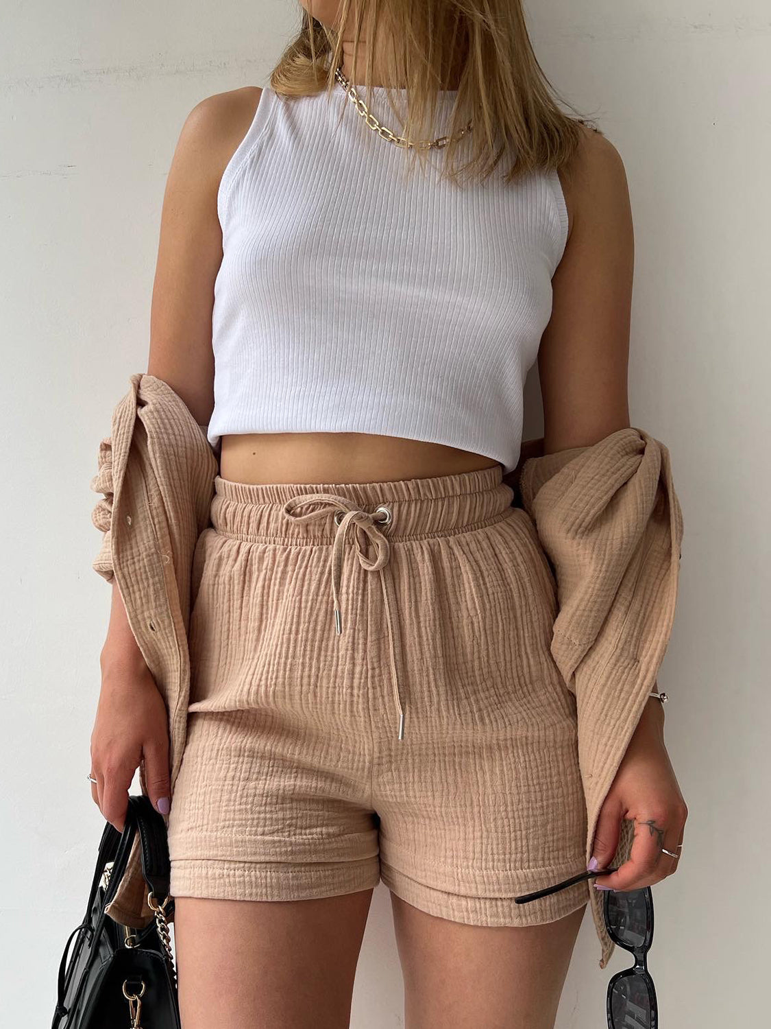Luxe Divine Collection ~ Texture Button Up Shirt and Drawstring Shorts Set