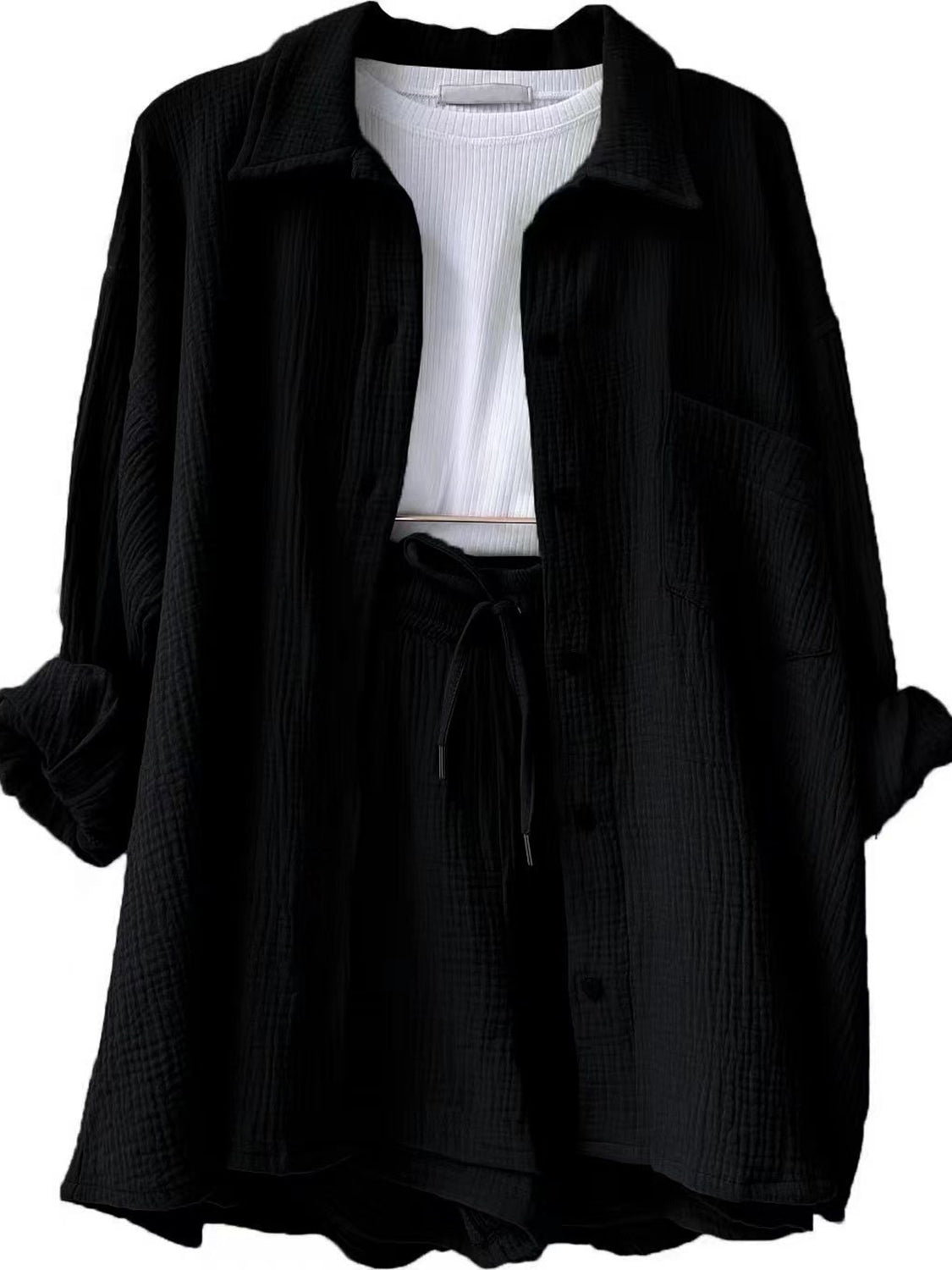 Luxe Divine Collection ~ Texture Button Up Shirt and Drawstring Shorts Set