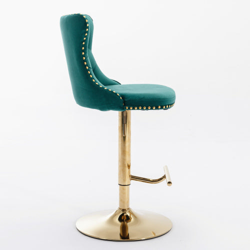 Luxe Divine Collection ~ Golden Swivel Velvet Barstools Adjustable Seat Height From 25-33 Inch Green, Nailhead Trim, Set Of 2