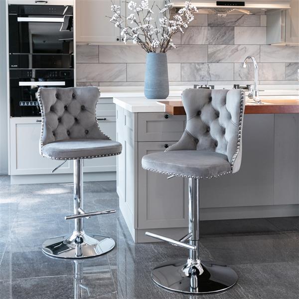 Luxe Divine Collection ~ Rotating Velvet Bar Stool Gray, Silver Nailhead Trim, Set of 2