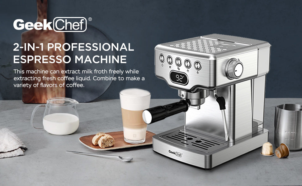 Luxe Divine Collection ~ Espresso Machine, 20 Bar With Milk Frother For Latte, Cappuccino, Macchiato, Espresso Maker, 1.8L Water Tank, Stainless Steel