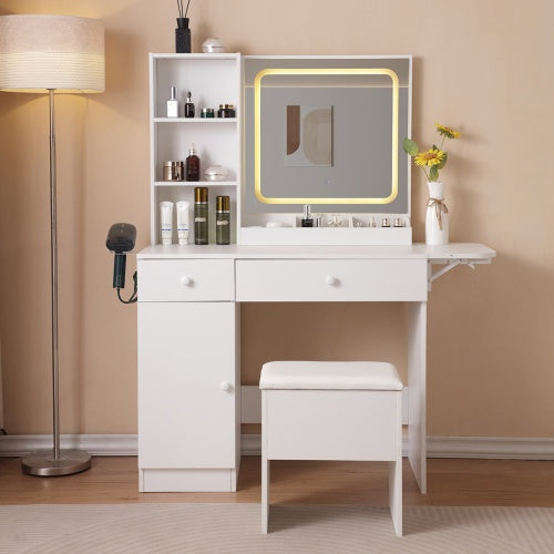 Luxe Divine Collection ~ Vanity Desk With Lighted Mirror & Power Outlet, Makeup Vanity Desk With Drawers And Large Storage Cabinet For Bedroom, 3 Lighting Modes Adjustable Brightness, Storage Stool, White