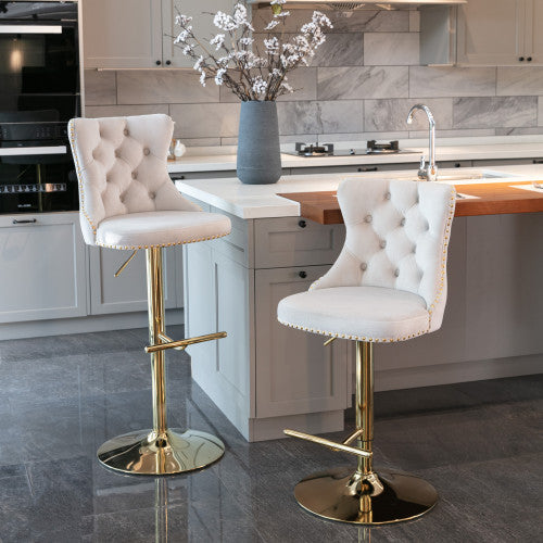 Luxe Divine Collection ~ Golden Swivel Velvet Barstools Adjustable Seat Height From 25-33 Inch Beige, Nailhead Trim, Set Of 2