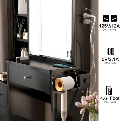 Luxe Divine Collection ~ Black Small Space Left Bedside Cabinet Vanity Table Cushioned Stool, Power Station, Hair Dryer Bracket