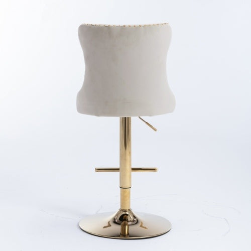 Luxe Divine Collection ~ Golden Swivel Velvet Barstools Adjustable Seat Height From 25-33 Inch Beige, Nailhead Trim, Set Of 2