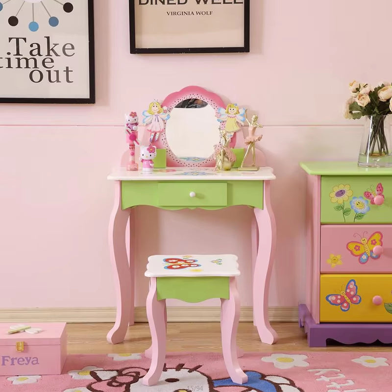 Luxe Divine Collection ~ Princess Vanity Make Up Table Wooden Dressing Table With Mirror And Stool For Kids