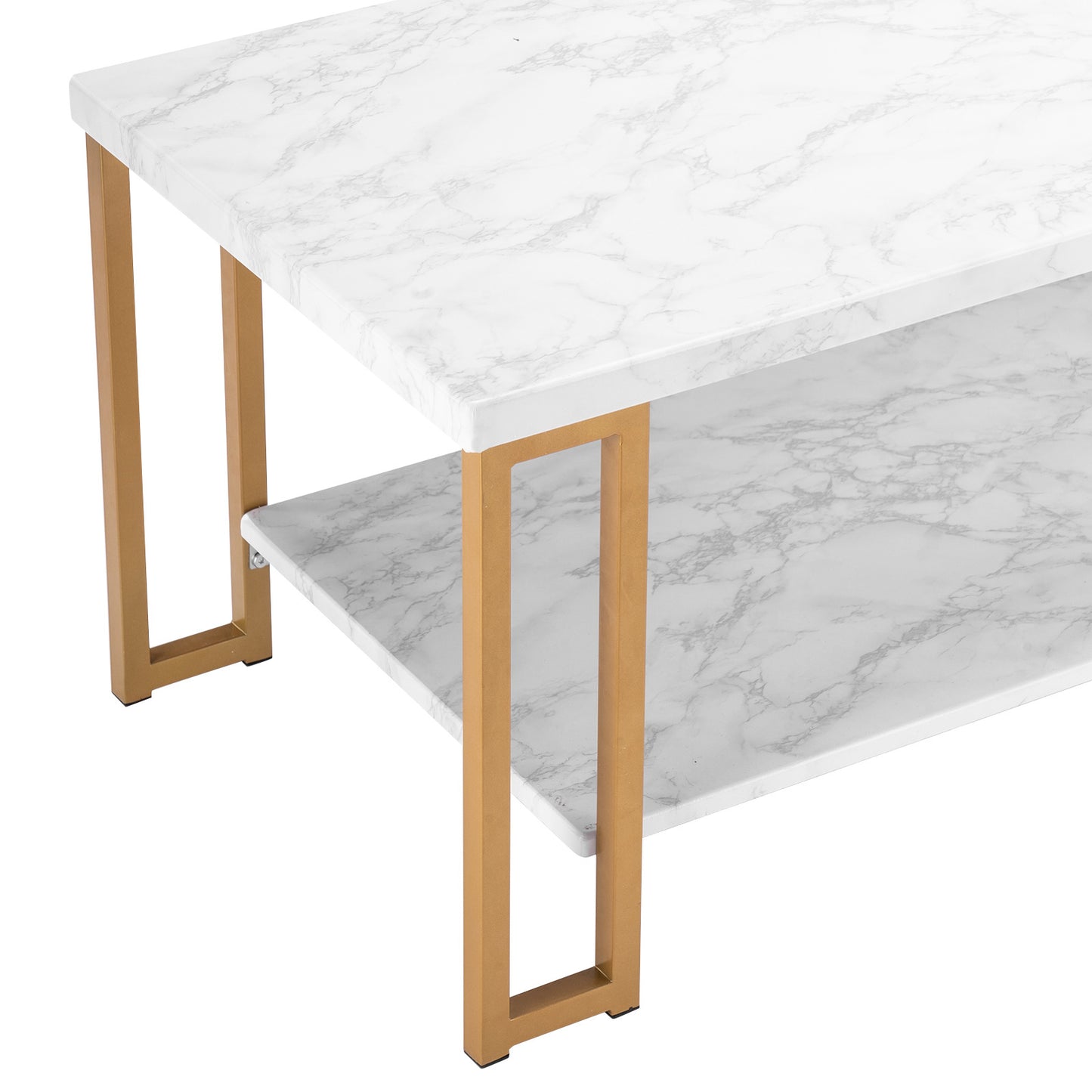 Luxe Divine Collection ~ 106 x 50 x 48cm Rectangular Double Layer Golden Iron Pipe Marble PVC Coffee Table