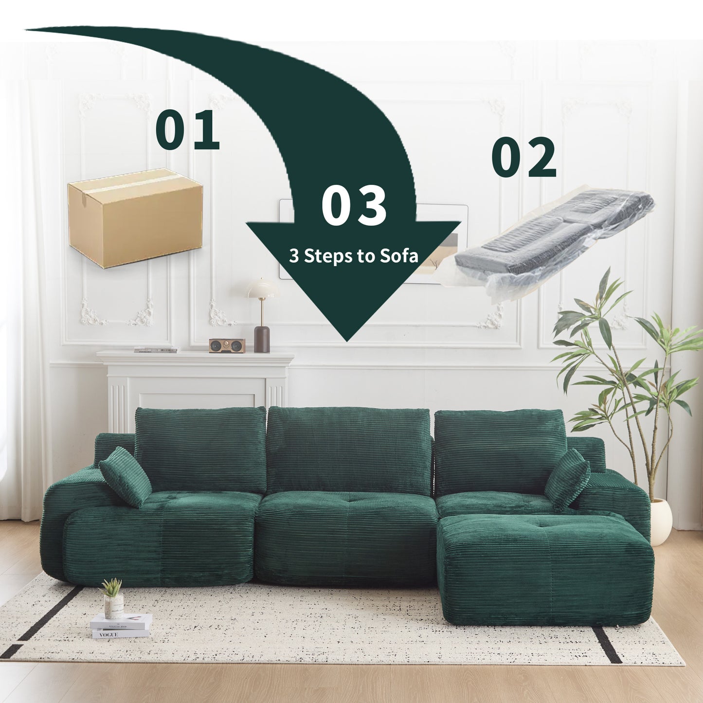 Modern Memory Foam Compressed Sofa,Large Sectional Couches For Living Room,Pet-Friendly Cloud Modular Sectional Sofa,Corduroy Fabric,Extra Deep Loveseat,No Assembly Required,Green