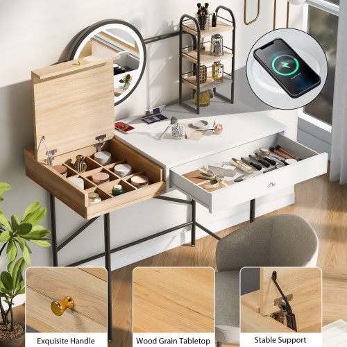 Luxe Divine Collection ~ Makeup Vanity Desk With 3-Mode Lighted Mirror & Wireless Charging Station , Vanity Table With Drawer & 3 Open Shelves For Ample Storage Space