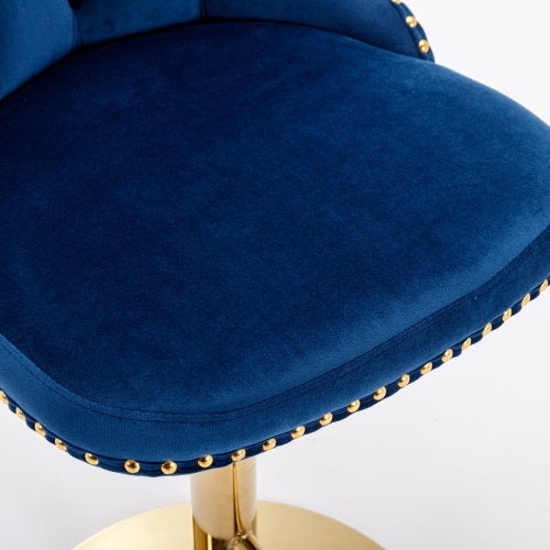 Luxe Divine Collection ~ Golden Swivel Velvet Barstools Adjustable Seat Height From 25-33 Inch Blue, Nailhead Trim, Set Of 2