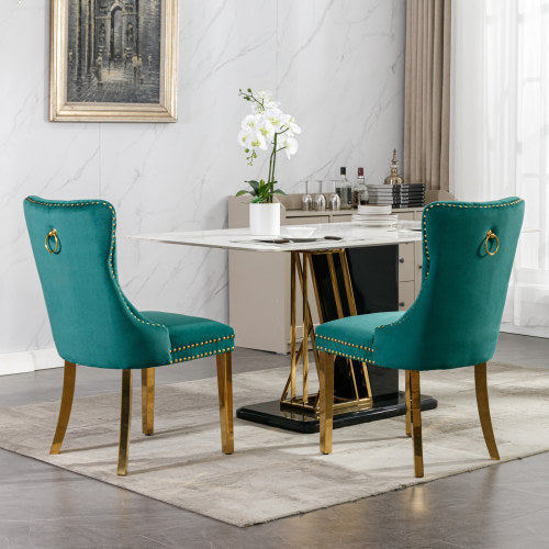 Luxe Divine Collection ~ Luxury Tufted Solid Wood Velvet Upholstered Dining Chair With Golden Stainless Steel Plating Legs, Nailhead Trim, Set Of 2