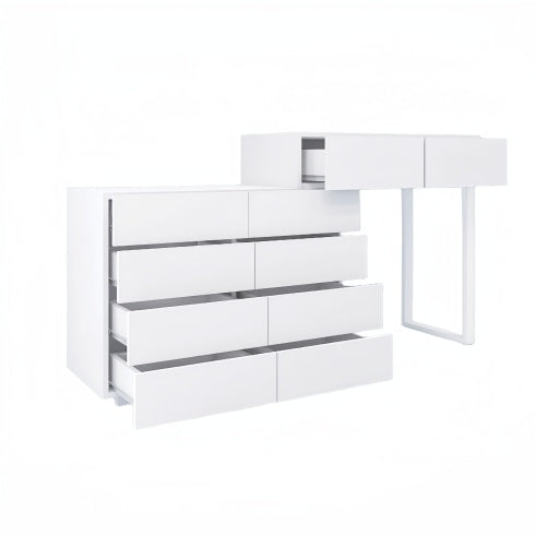 Luxe Divine Collection ~ Extended Desktop Vanity with 10 Drawers Chest Of Drawer Without Handle White