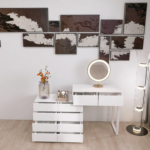 Luxe Divine Collection ~ Extended Desktop Vanity with 10 Drawers Chest Of Drawer Without Handle White