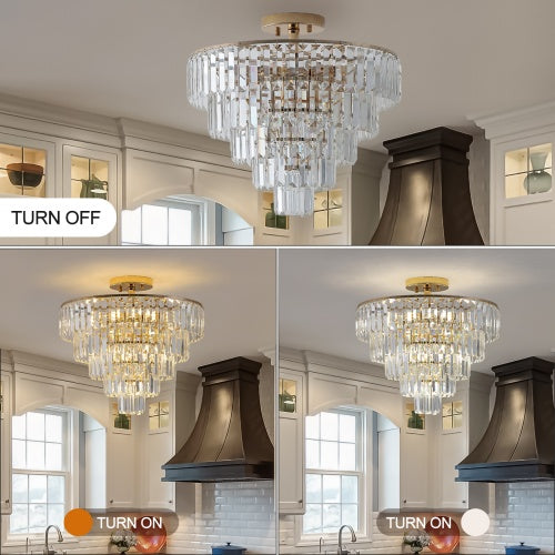 Luxe Divine Collection ~ Golden Crystal Chandelier, 5-layer Round Semi-recessed Chandelier Lamp, Large Modern Luxury Chandelier, Suitable For Living Room, Dining Room, Bedroom, Corridor