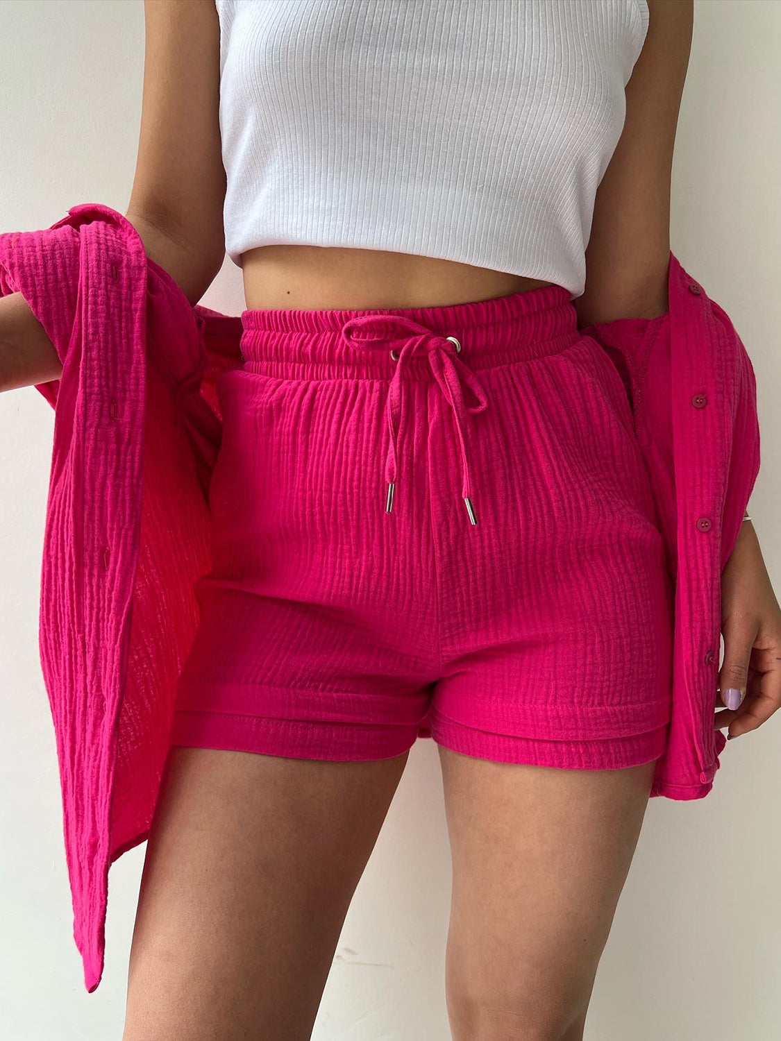 Luxe Divine Collection ~ Texture Button Up Shirt and Drawstring Shorts Set