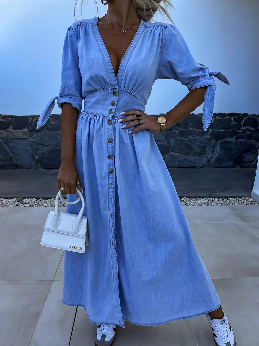 Luxe Divine Collection ~ V-neck Long Button Denim Dress