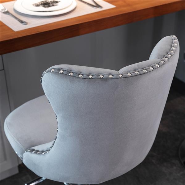 Luxe Divine Collection ~ Rotating Velvet Bar Stool Gray, Silver Nailhead Trim, Set of 2