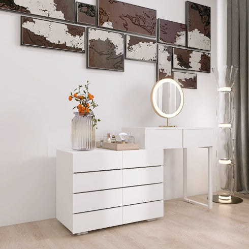 Luxe Divine Collection ~ Extended Desktop Vanity with 10 Drawers Chest Of Drawer Without Handle White