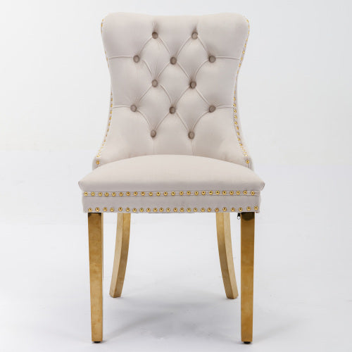Luxe Divine Collection ~ Luxury Tufted Solid Wood Velvet Upholstered Dining Chair With Golden Stainless Steel Plating Legs, Nailhead Trim, Set of 2