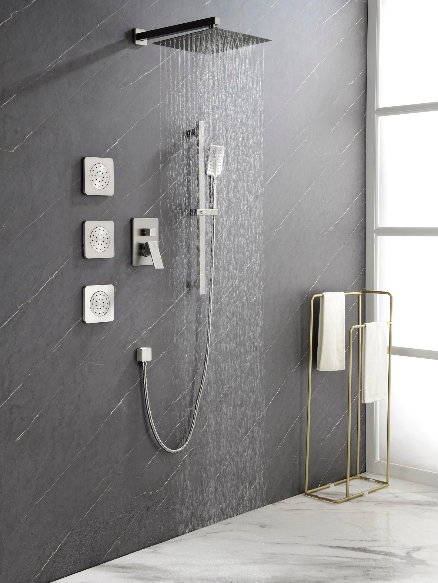 Luxe Divine Collection ~ Shower System With Shower Head, Hand Shower, Slide Bar, Sprayer, Shower Arm, Hose, Valve Trim And Lever Handle