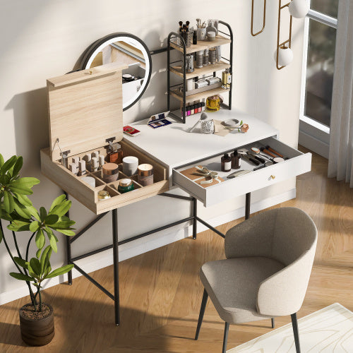 Luxe Divine Collection ~ Makeup Vanity Desk With 3-Mode Lighted Mirror & Wireless Charging Station , Vanity Table With Drawer & 3 Open Shelves For Ample Storage Space
