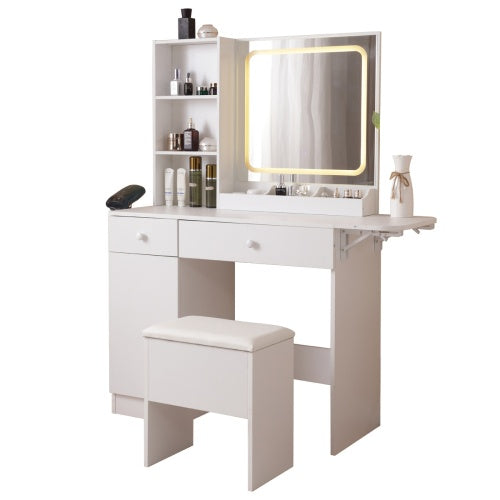 Luxe Divine Collection ~ Vanity Desk With Lighted Mirror & Power Outlet, Makeup Vanity Desk With Drawers And Large Storage Cabinet For Bedroom, 3 Lighting Modes Adjustable Brightness, Storage Stool, White
