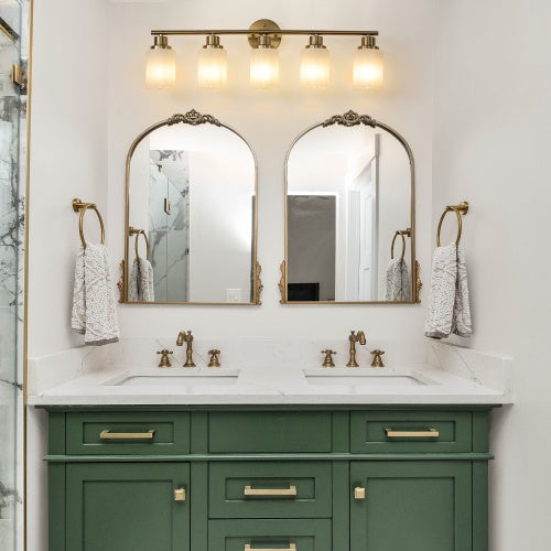 Luxe Divine Collection ~ 5 Lamps Gold Bathroom Vanity Lamp, Frosted Glass Shade, Modern Wall Mounted Lighting Chandelier