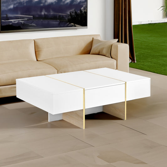 Luxe Divine Collection ~ 47.2 inch x 31.4 inch Multifunctional Rectangular Sofa Table with 2 drawers and Gold Wood Grain Leg Center Table, white
