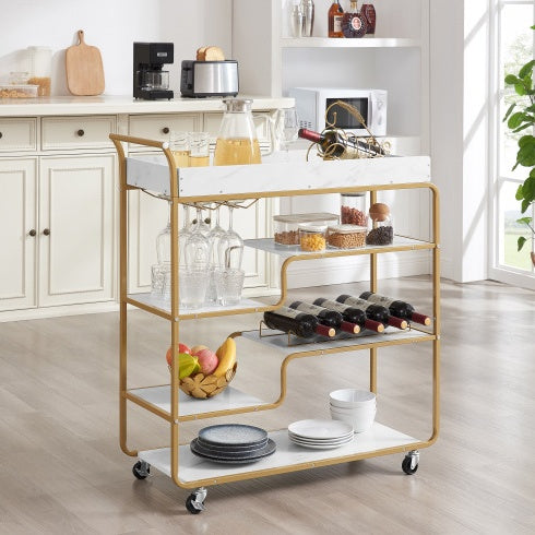 Luxe Divine Collection ~ 6-Tier Rolling Bar Serving Cart, Retro Style Wine Cart, With Wine Rack And Glass Holder, For Living Room and Dining Room