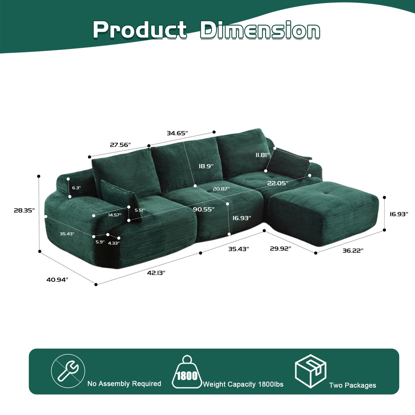 Modern Memory Foam Compressed Sofa,Large Sectional Couches For Living Room,Pet-Friendly Cloud Modular Sectional Sofa,Corduroy Fabric,Extra Deep Loveseat,No Assembly Required,Green