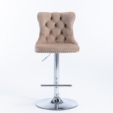 Luxe Divine Collection ~ Rotating Velvet Bar Stool Beige, Silver Nailhead Trim, Set of 2