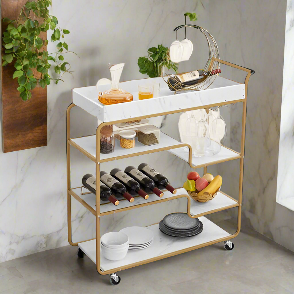 Luxe Divine Collection ~ 6-Tier Rolling Bar Serving Cart, Retro Style Wine Cart, With Wine Rack And Glass Holder, For Living Room and Dining Room