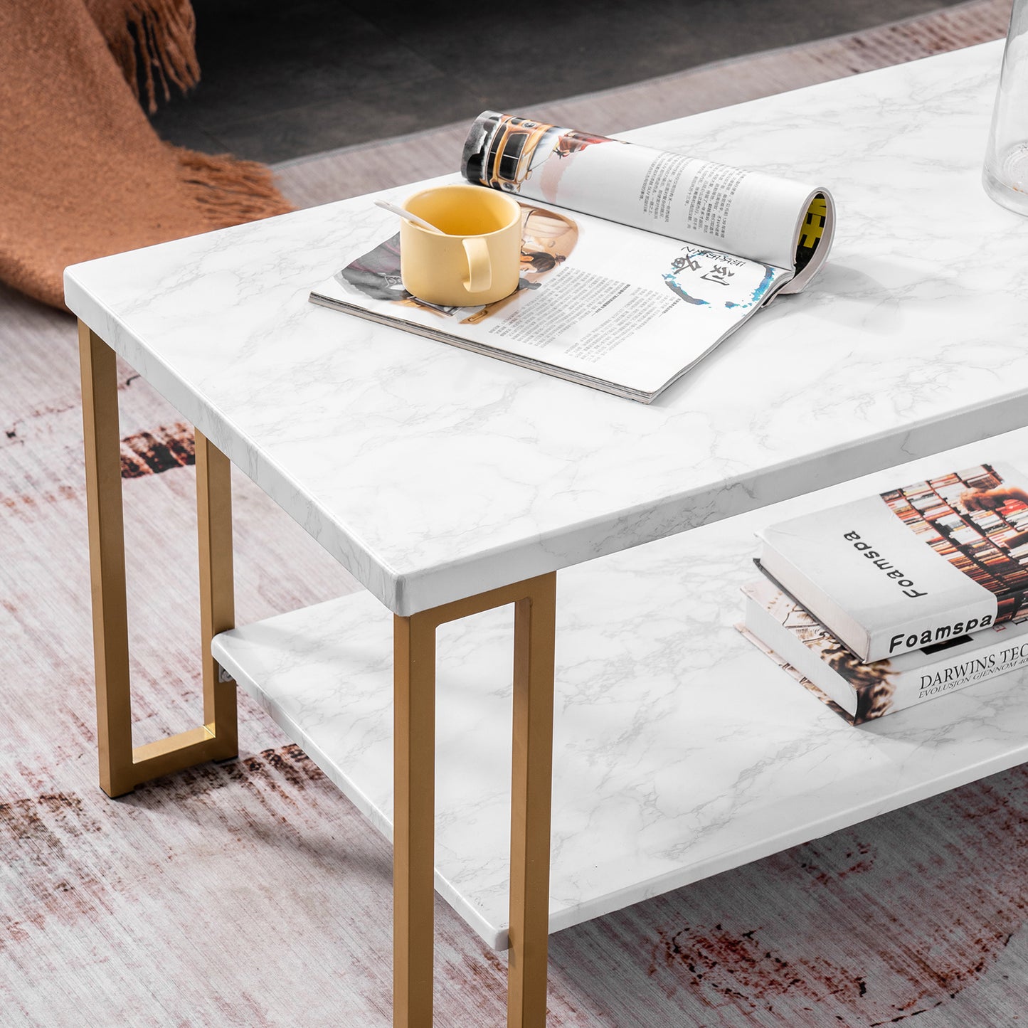 Luxe Divine Collection ~ 106 x 50 x 48cm Rectangular Double Layer Golden Iron Pipe Marble PVC Coffee Table