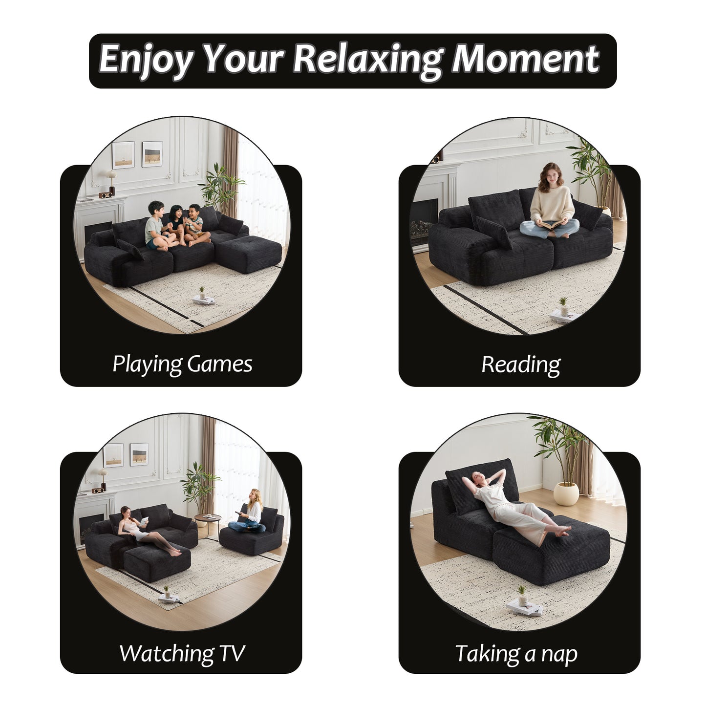 Modern Memory Foam Compressed Sofa,Large Sectional Couches For Living Room,Pet-Friendly Cloud Modular Sectional Sofa,Corduroy Fabric,Extra Deep Loveseat,No Assembly Required, Black