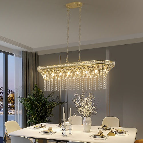 Luxe Divine Collection ~ Modern Champagne Gold Kitchen Island Lamp - Oval Crystal Ceiling Chandelier